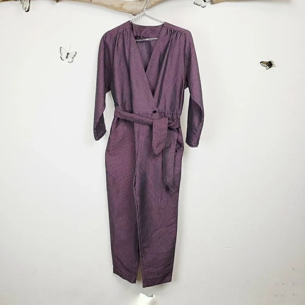 No brand striped button front belted jumpsuit